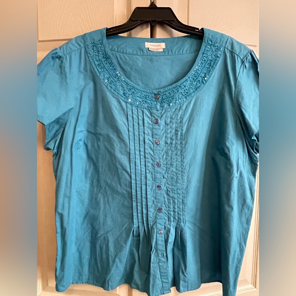 Van Heusen Blue Cap Sleeve Feminine Beaded Blouse